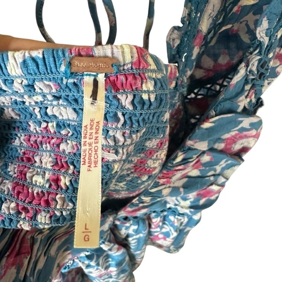 Free People Sacha Mini Babydoll Dress Floral 3/4 Sleeve Beaded Back Tie Women L - Picture 6 of 8